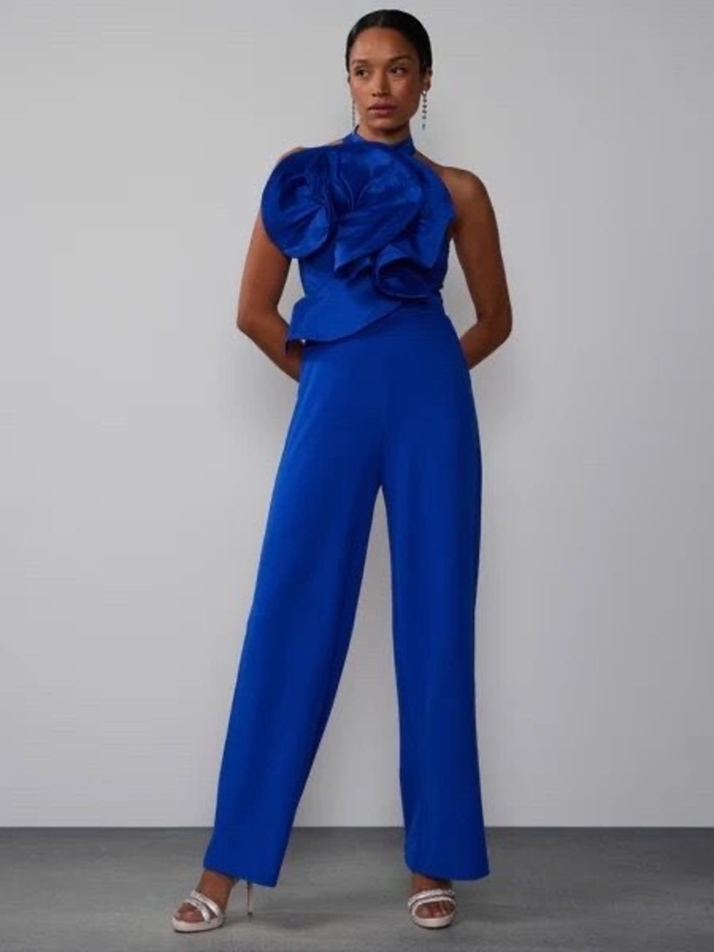 New York & Company Cobalt Blue One-Shoulder Wide-Leg Jumpsuit